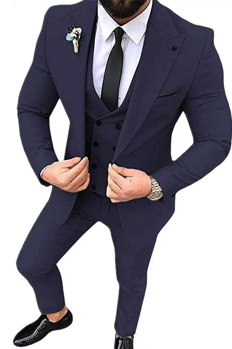 Приталенный мужской костюм-смокинг из трех предметов на заказ, деловые мужские костюмы для свадьбы, Блейзер, пиджак, жилет, брюки, комплект - Цвет: Navy Blue