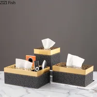 Metal leather tissue box Paper box Desktop storage organization ornaments Black print Embossed golden hollow Home Decoration 1
