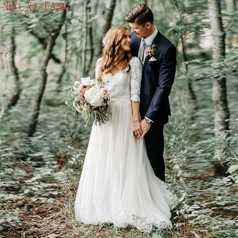 

NUOXIFANG V Neck Lace Half Sleeve Boho Tulle Wedding Dress Open Back Simple Princess Bride Dress Custom Made Wedding Gowns 2020