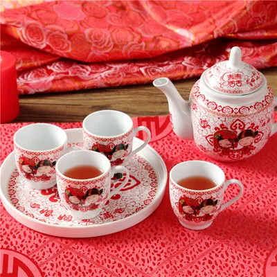 Ceramics Teakészlet Kreatív Esküvői Vörös Teáscsésze Hideg Vízforraló Otthoni Teáskanna Kínai Stílusú Kung Fu Fekete Tea Da Hong Pao Teamár - Image 2