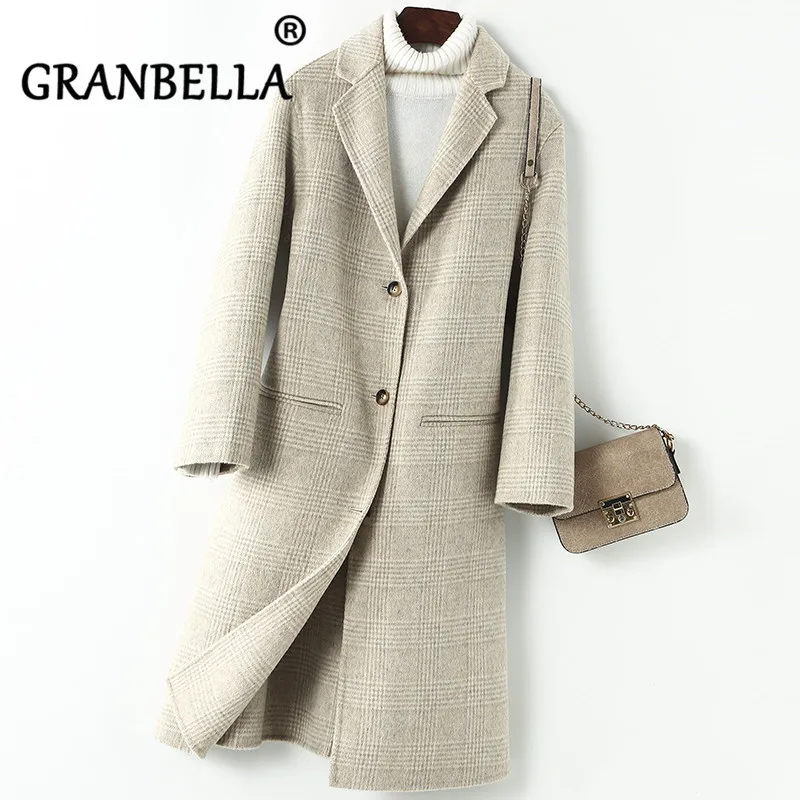 

Vintage plaid coat Double-faced cashmere coats long elegant Women‘s winter slim checked woolen overcoat manteau femme