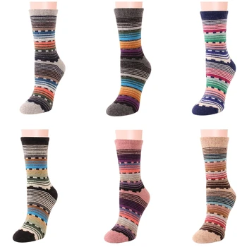 

6 Pairs Women Winter Warm Faux Wool Crew Socks Ethnic Colorful Stripes Hosiery M2EA