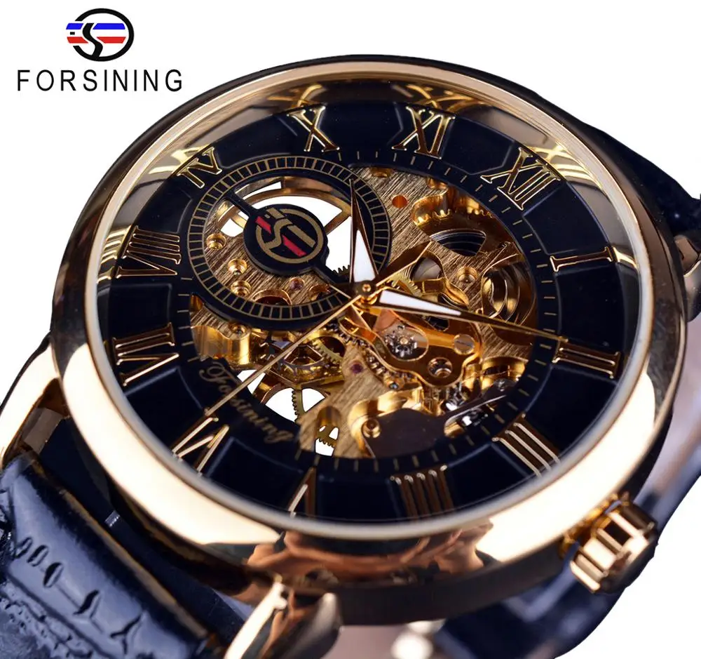 Buy Now Forsining Men Watches Top Brand Luxury Mechanical Skeleton Watch Black Golden 3D Literal Design Roman Number Black Dial Clock