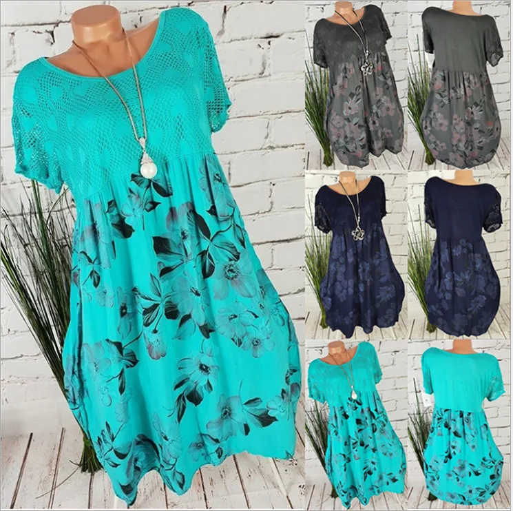 

High-quality plus size women's lace dress 2020 summer new dress casual round neck short sleeve women's dresses