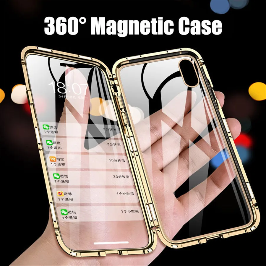 

360 Full Cover Metal Magnetic Adsorption Frame Flip Case For iPhone XS Max XR X 8 7 6 6s Plus Front Back Glass Case