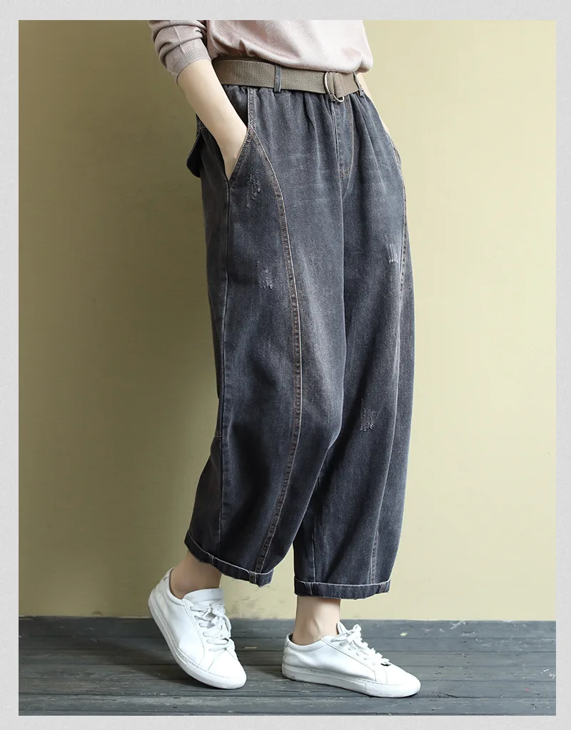 Spring Autumn Bleached Jeans Women Elastic Waist Loose Casual Denim Pants Ladies Washed Pockets Cotton Trousers With Belt