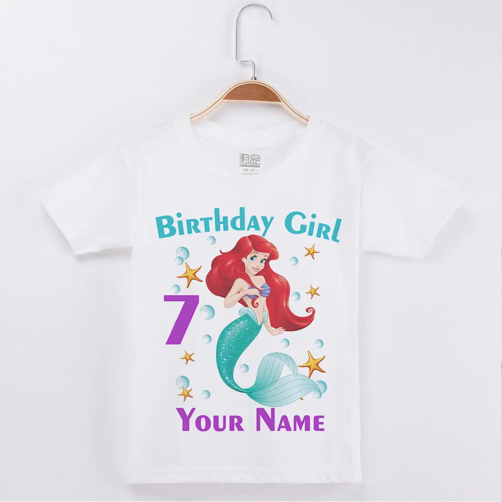 Happy Birthday tee Baby Girl Mermaid Print Girls Shirts Number 3-12 Name Birthday Present Party Tees Kids Clothes children t shirt