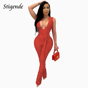 

Stigende Summer Sleeveless Ruched Bodycon Jumpsuit Women Sexy Deep V Neck Party Jumpsuit Fashion Bandage One Piece Jumpsuit