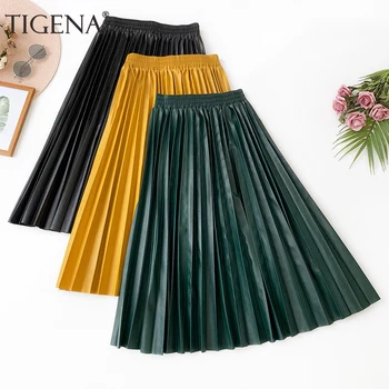 

TIGENA Pu Leather Skirt Women Fashion 2019 Autumn Winter Casual A-line High Waist Pleated Midi Skirt Female Pink Green Yellow