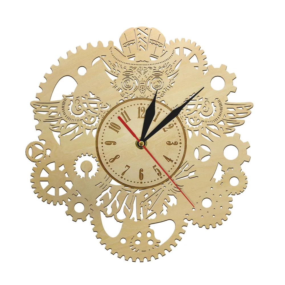 

Steampunk Mechanical Wooden Wall Clock OWL Mechanic Gears Rustic Wall Watch Gothic Vintage Decor Owls with Gears Geometric Art