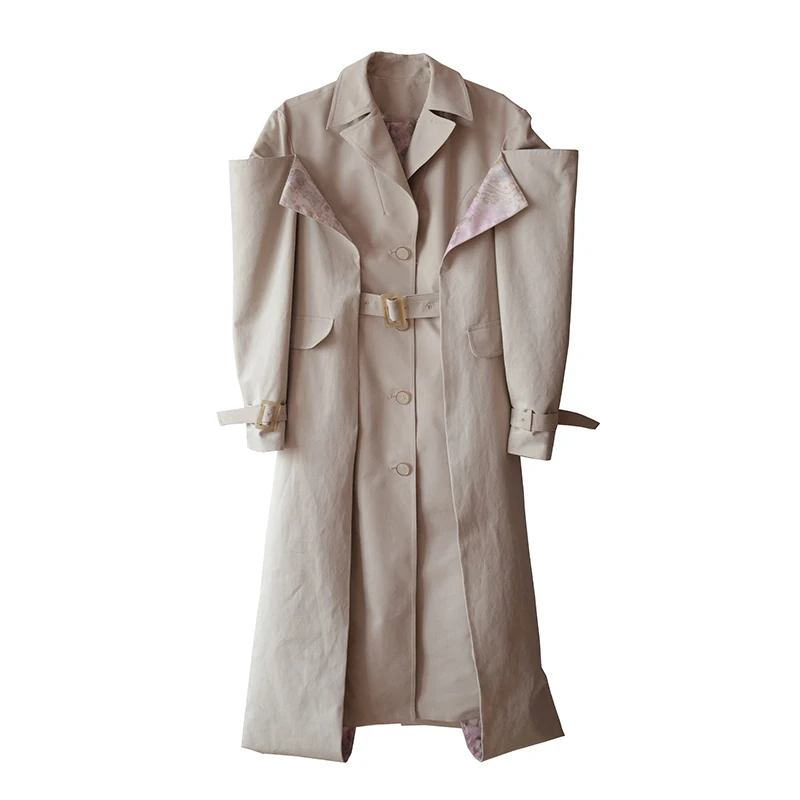 [EAM] Women Khaki Printed Vent Long Trench New