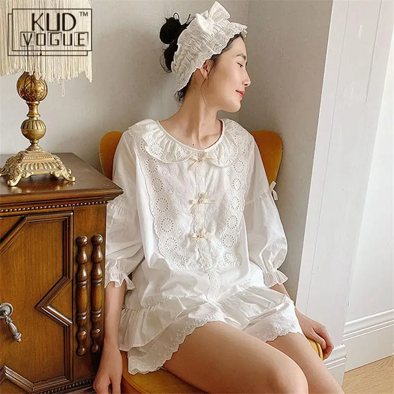 Cute Women Pajama Set Sleep & Lounge Summer Sweet Lace Sleepshirts Lolita  Pajamas Girls Sleepwear Elastic Waist Shorts Cotton - Pajama Sets -  AliExpress