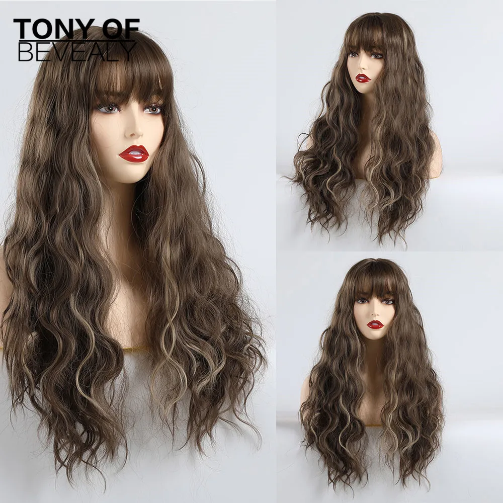 Long Synthetic Wigs Pink Brown Water Wave Curly Cosplay Wigs With Bangs Heat Resistant Fiber for Women Hair Wigs