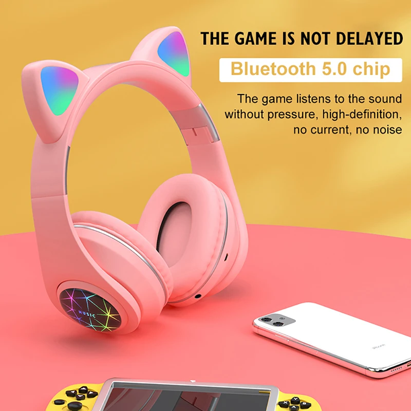 For Phones With Microphone HOT Bluetooth 5 0 Headphones LED Light Cat Ears Headset Wireless Earphone HIFI Stereo Bass Headphone