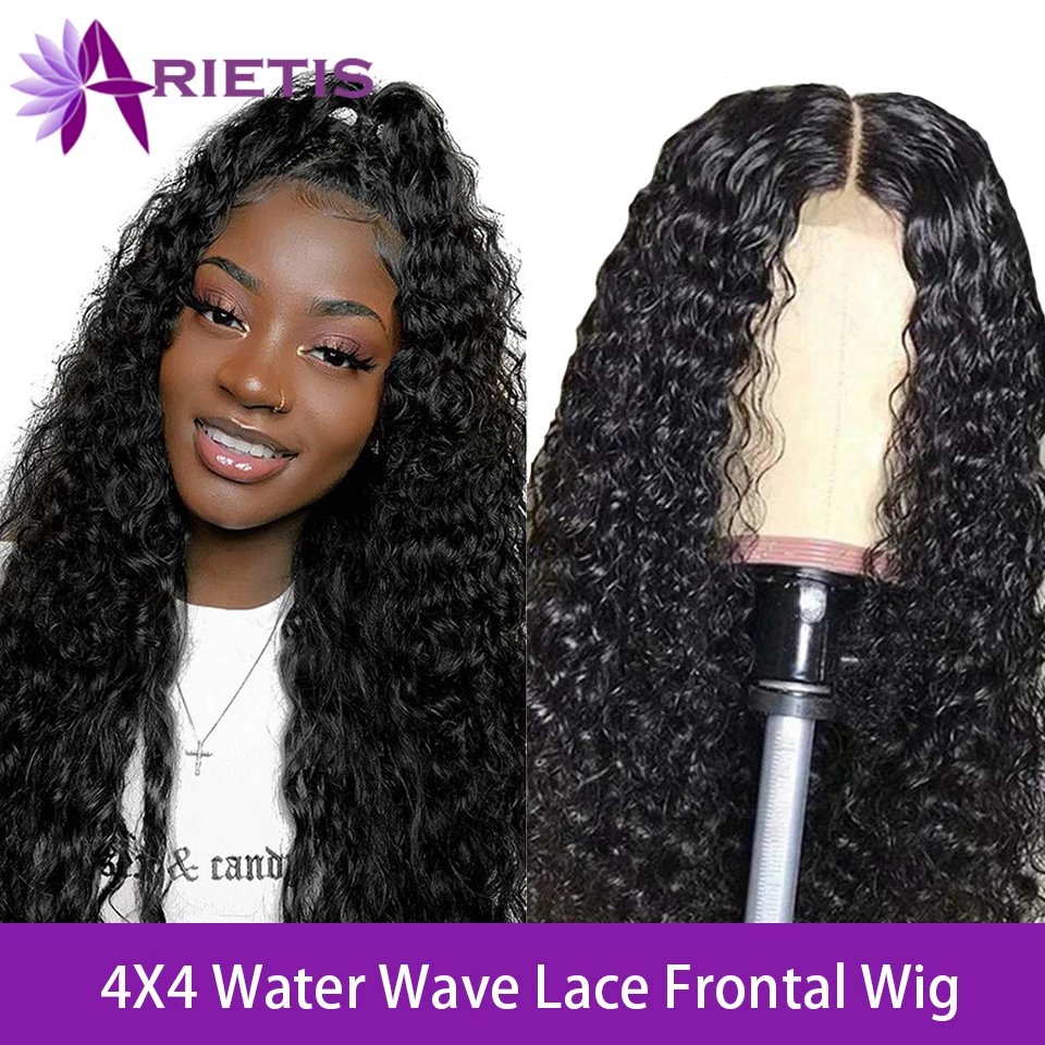 

Arietis Water Wave Wig 4X4 Lace Closure Wig Pre Plucked Remy Hair Brazilian Glueless Lace Frontal Human Hair Wigs For Black Wome