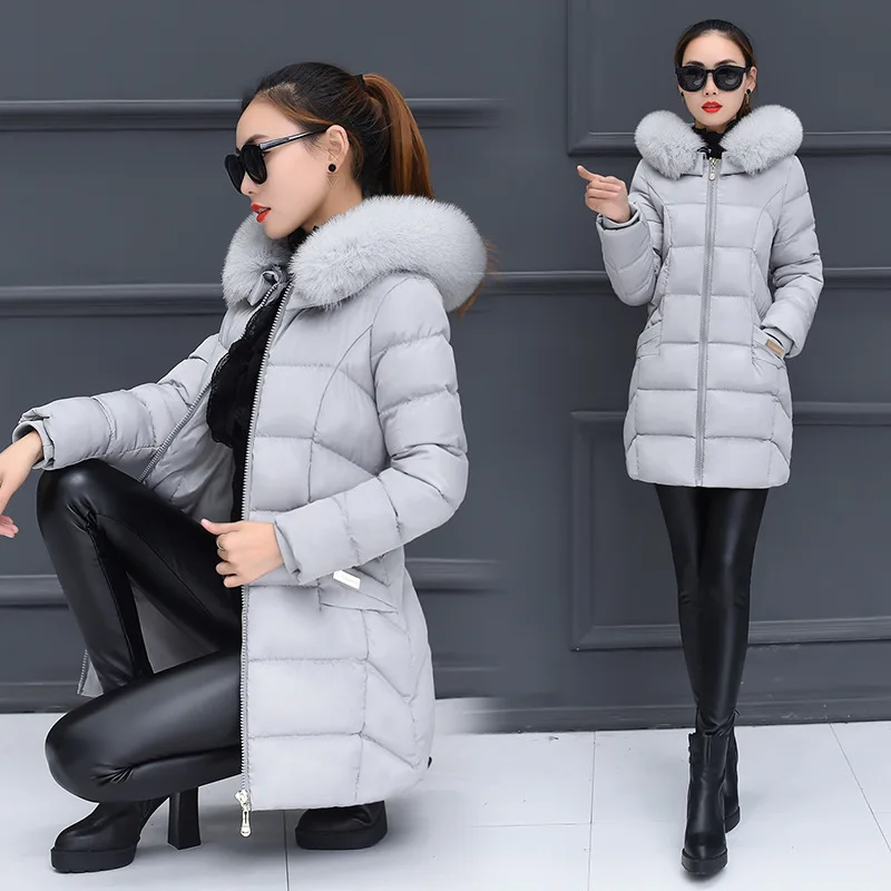 

Winter New Style 2018 Mid-length Cotton-padded Clothes Women's Korean-style Slim Fit Hooded Coat Women's Large Fur Collar Thick