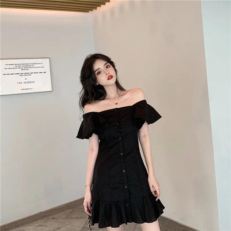 

Photo Shoot 2019 WOMEN'S Dress Summer CHIC Retro off-Shoulder Feifei Waist Hugging Dress