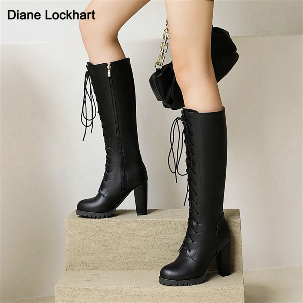 

Hot Sale Autumn Winter Lacing Knee High Boots Women Fashion Side zipper Black White Square Heel Ladies Leather Shoes Size 32-43