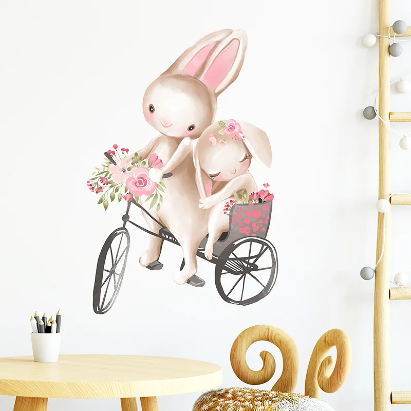 Cute Rabbit Cycling Couple Wall Stickers Children's Room Baby Room Decoration Stickers Girls Bedroom Wall Stickers