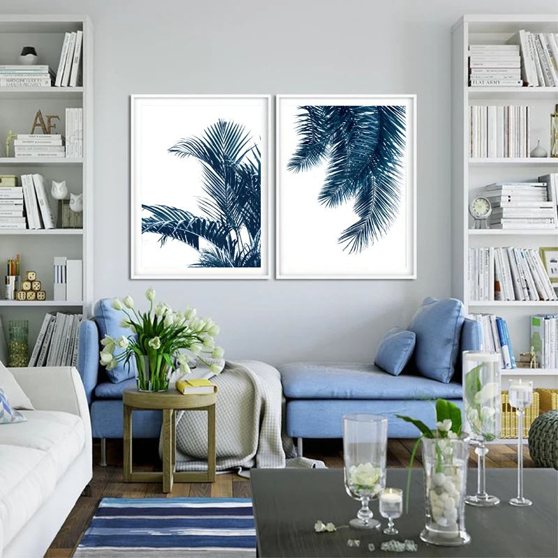 Navy Blue Wall Art Palm Leaves Canvas Prints Home Decor