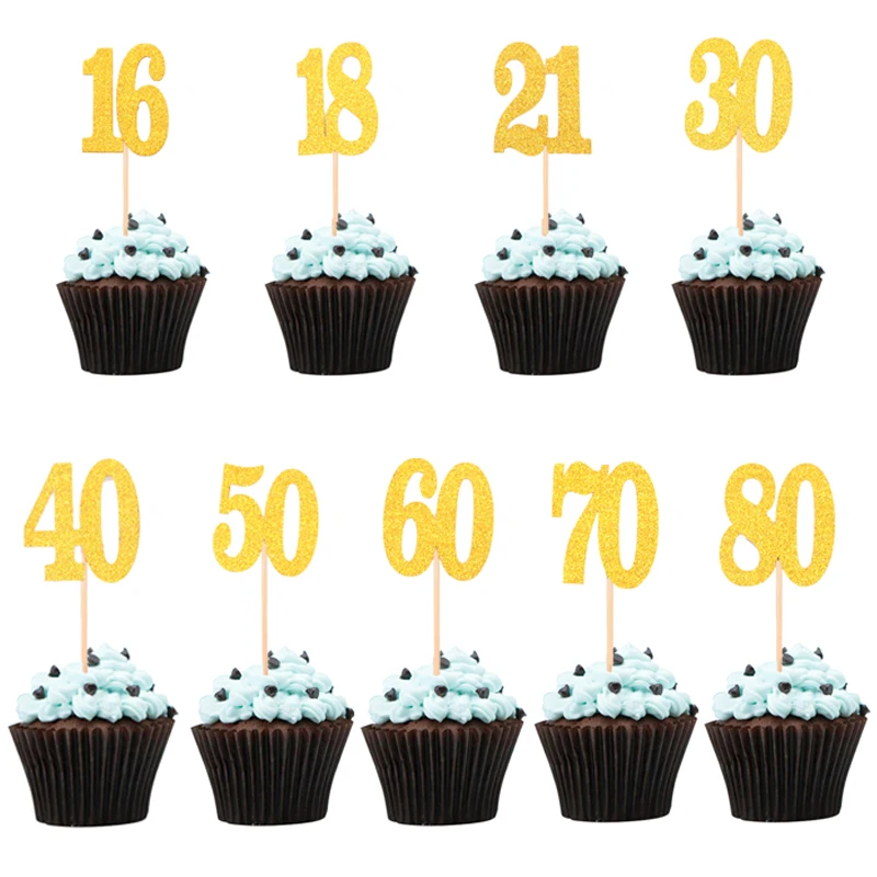 

10 Pieces Glitter Gold Number 16 18 21 30 40 50 60 70 80 Cupcake Topper Cake Decoration for Birthday Anniversary Supplies