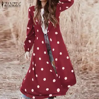 

ZANZEA Plus Size Women Blouses Shirt Bohemian Polka Dot Print Lace Up Blusas Vintage Long Maxi Cardigan Tunic Beach Tops Chemise