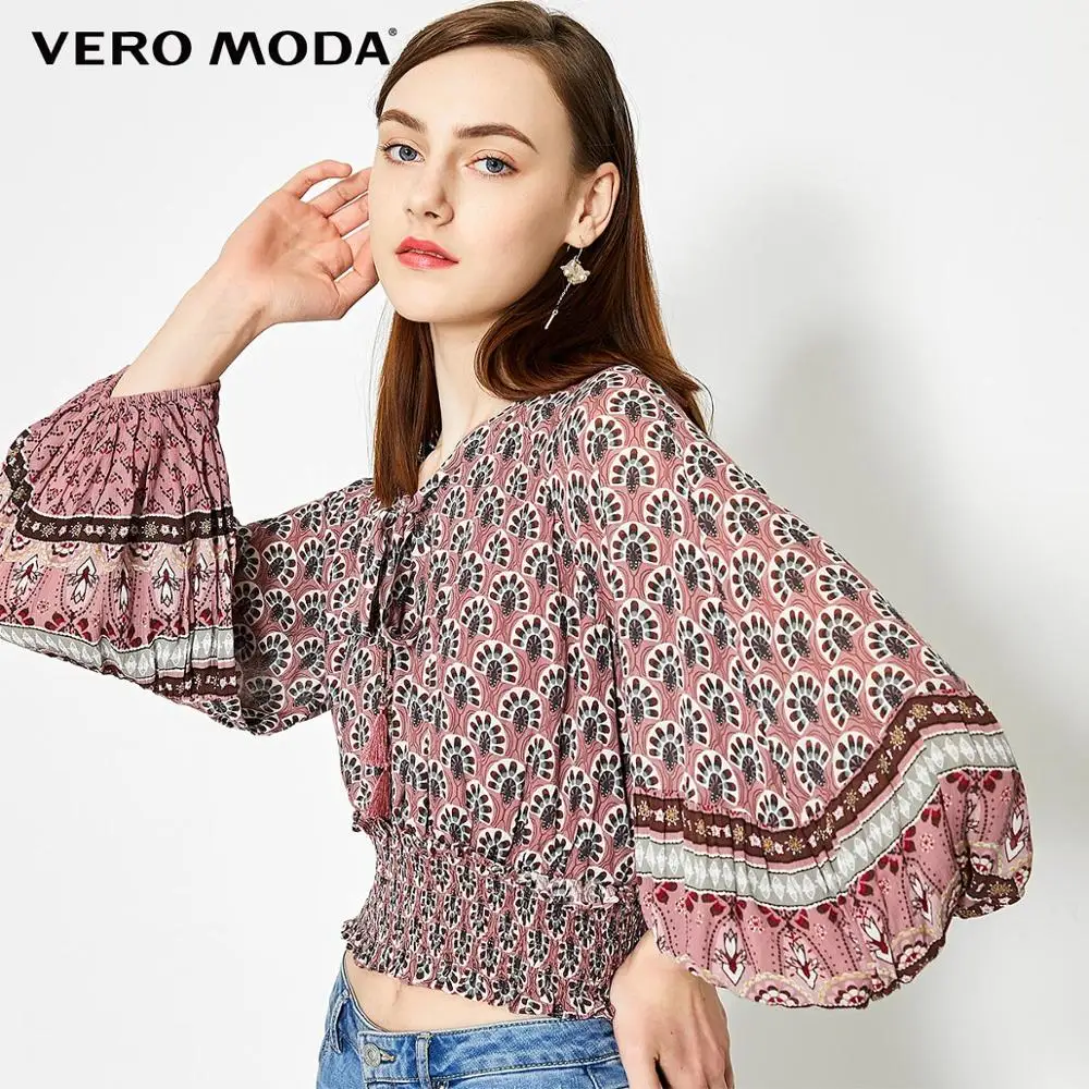 

Vero Moda Women's Lace-up Neck Peacock Print Short Chiffon Shirt | 319258508