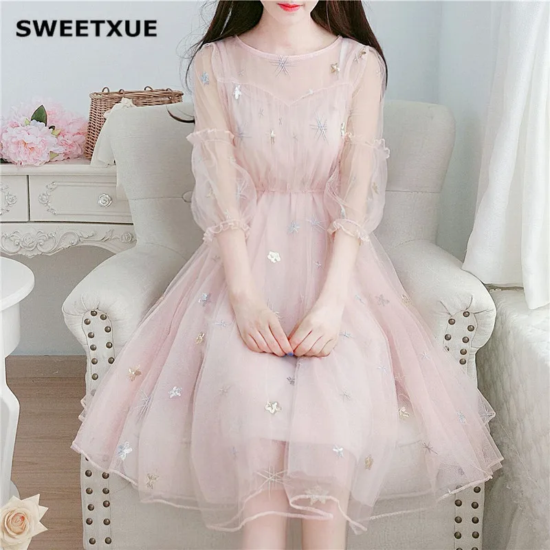 Весеннее Сетчатое платье с длинным рукавом SWEETXUE 2020 женские элегантные вечерние