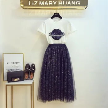 

Women Sequined Planet Pattern Short Sleeve Tshirt+sequined Mesh Mid Calf Skirts 2pcs Set Suit