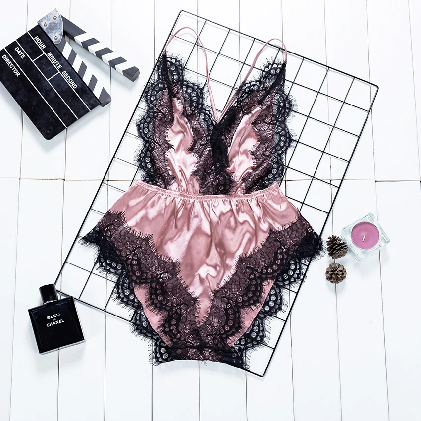 

Suphis Backless Lace Trim Satin Romper Bodysuit Sexy Spaghetti Strap Sleeveless Criss Cross Teddies Pink Women Onesies Sleepwear