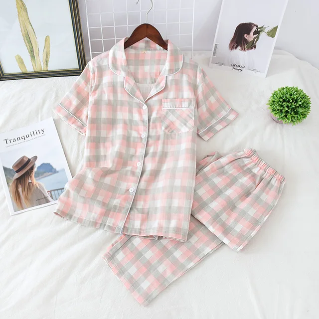 Summer Short-Sleeved Trousers Plaid Printing Pajamas Spring Cotton Gauze Home Clothes Couple Sleepwear 2 Piece Woman Clothes