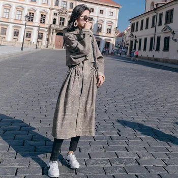 

Photo Shoot INS Super Fire Hooded Casual Cloak Trench Coat Women's CHIC England Plaid Drawstring Waist Hugging over-the-Knee Coa