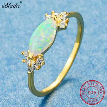 

Simple White Fire Opal Ring 925 Sterling Silver Horse Eye Stone Rings For Women Yellow Gold Wedding Bands Crystal Thin Ring Band