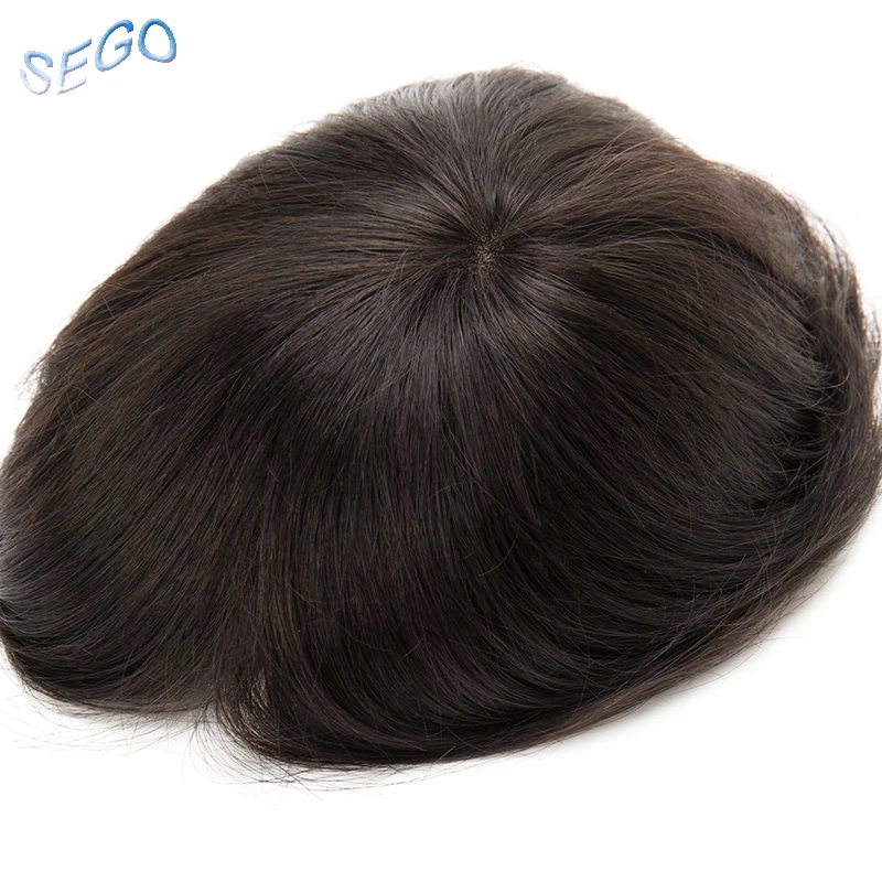 SEGO 6''x8" Straight Real Human Hair Men Toupees Non-Remy Mono&PU Thin Skin Hairpiece Wig Replacement System For Indian Men Hair