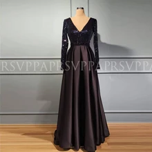 Длинное Элегантное Вечернее платье простое Настоящее фото длинное рукава Дубай женские черные атласные праздничные наряды