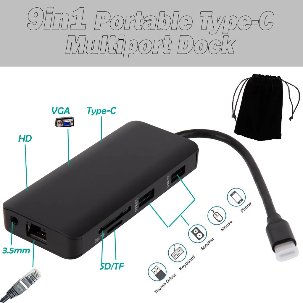 9 в 1 usb type-C концентратор 4K HDMI многопортовый адаптер док-станция с VGA гигабитный Ethernet PD зарядка USB 3,0 порты SD кард-ридер