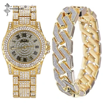 

Man Watch 2019 Stainless Steel Bring Bracelet 2pcs/Set Wrist Watch For Men Luxury Casual Quartz Watches Gifts For Men Rhinestone