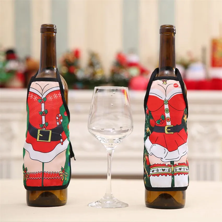 

Small Apron Wine bottle Cover Christmas Sexy Lady/Xmas Dog/Santa Pinafore Red wine bottle wrapper Holiday Bottle clothes Dress