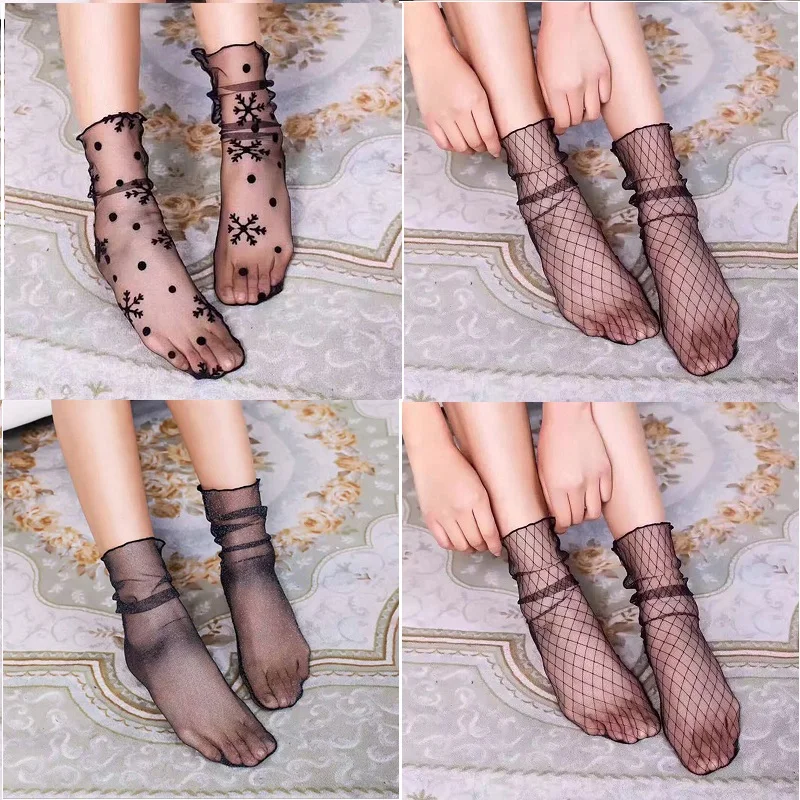 

Fashion Women Girls Lady Sexy Lace Ankle High Fishnet Mesh Net Solid Color Short Summer Breathable Socks Glitter Silk Nylon Sock