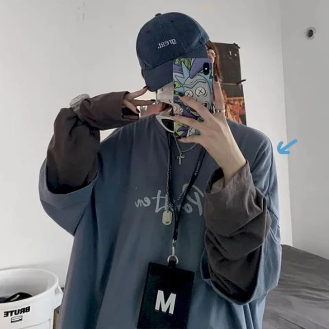 T-shirt Cross of Thorns fake two-piece for men women long-sleeved dark hip-hop loose large size autumn new trend top Simplicity dd1793 blue