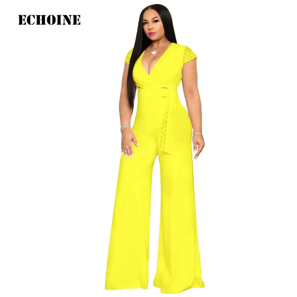 

Echoine Rompers Womens Jumpsuit Long Summe Lace Short Sleeve Playsuit Elegant V-neck Office Ladies Rompers Wide Leg Overalls