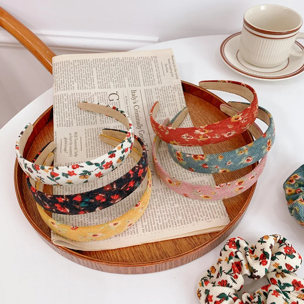 

1PC Fabric Floral Retro Floral Hair Bands large Headwear Printed Corduroy Large Hair Ring For Girl Woman Bezel Hair Accessories