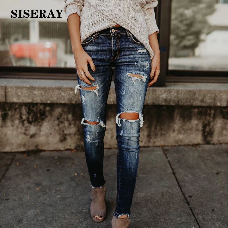 

Dark Blue Vintage High Waist Ripped Jeans For Women Fashion Push Up Skinny Jeans Woman Plus Size Stretch Denim Jeans Femme