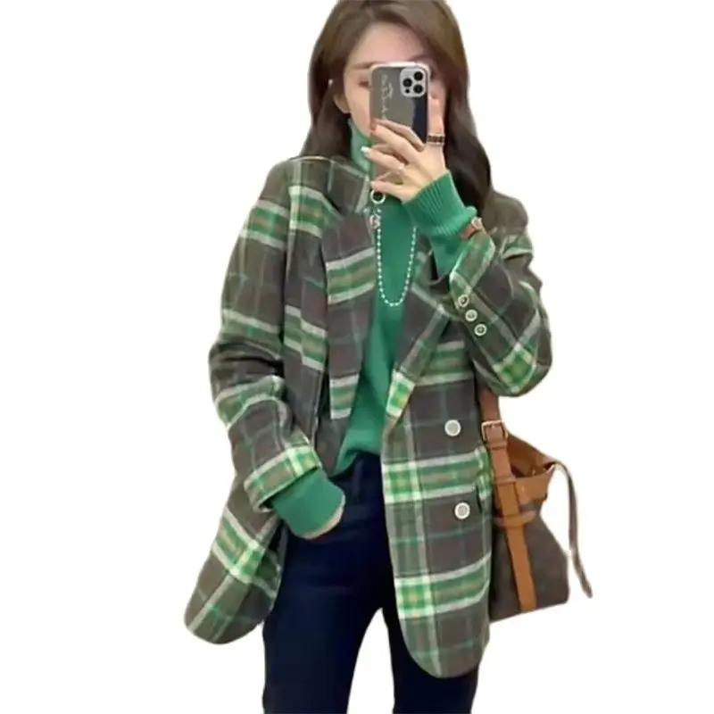 Green Plaid Woolen Coat Women Mid-Length 2021 Autumn Winter New Lapel Temperament Was Thin Versatile Quilted Jacket Trend M355