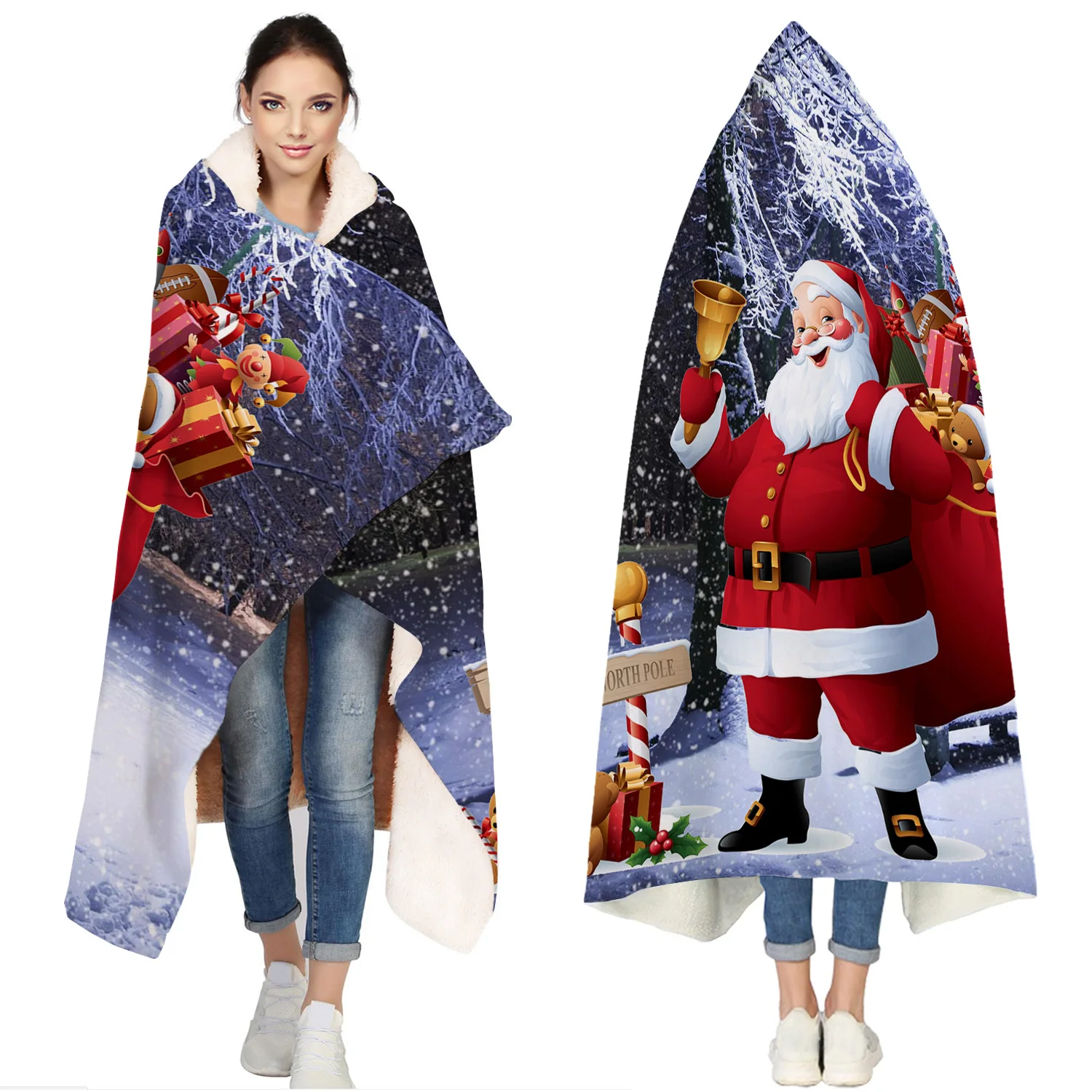 

Christams Santa North Pole Portable Wearable Fluffy Custom Hooded Blanket Fleece Hooded Throw WrapBed Blanket