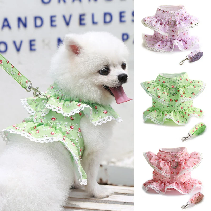 Lace Puppy Dog Cat Harness Leash Set Adjustable Floral Printed Pet