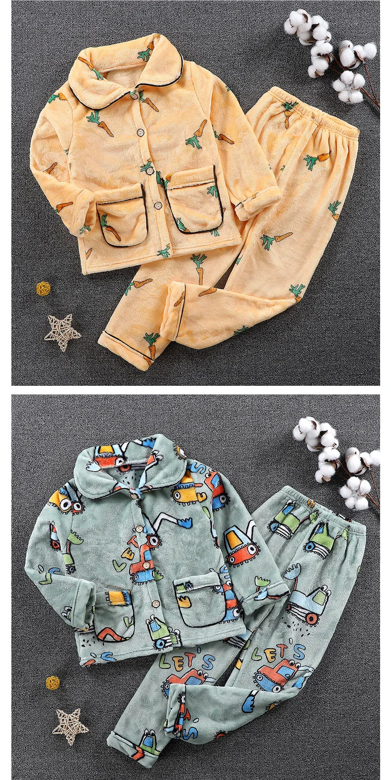 Boys Girls Autumn Winter Flannel Pajama Sets Kids Fashion Cartoon Long Sleeve Lapel Tops with Pants Baby Sleeping Clothing Sets children's birthday pajamas