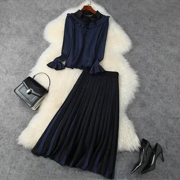 

European and American women's wear 2020 autumn new style Flared sleeve sweater long sleeves Pleated skirt bright silk knit suit
