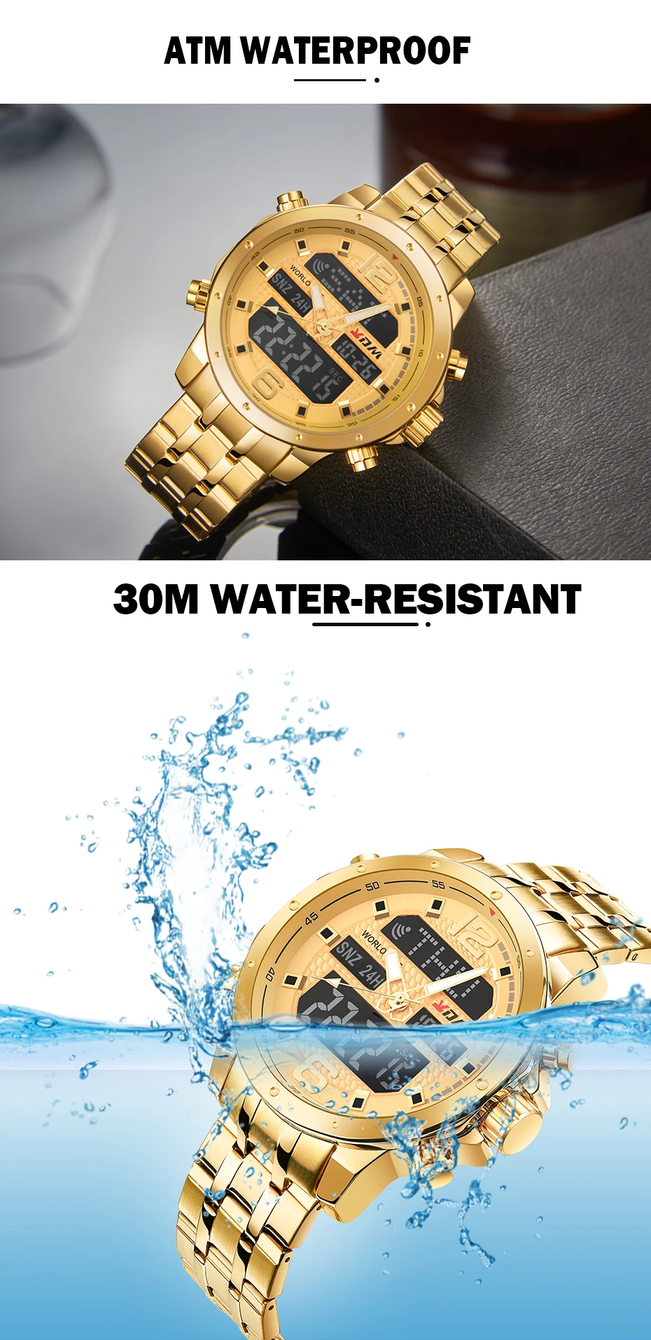 KDM, мужские золотые часы, полностью стальные, с двойным кварцевым цифровым дисплеем, Роскошные наручные часы с ЖК-подсветкой и будильником, мужские часы