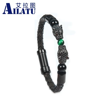 

Ailatu Men's Luxury Double Panther Bracelets Stainless Steel Clasp Cowhide Leather Leopard Bracelet Top Quality